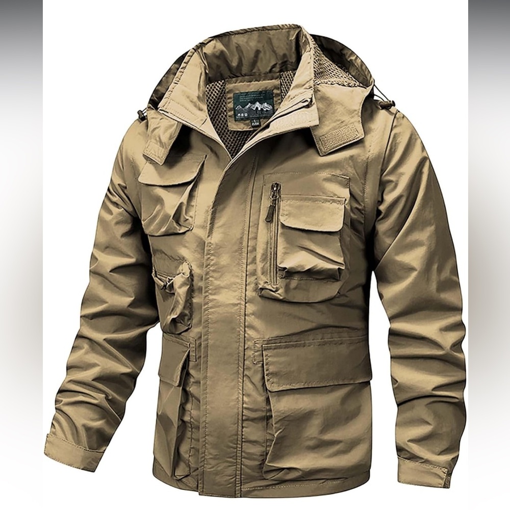 Men's Cargo Jacket: Full Zipper Windbreaker, Solid Hooded, Multiple Pockets